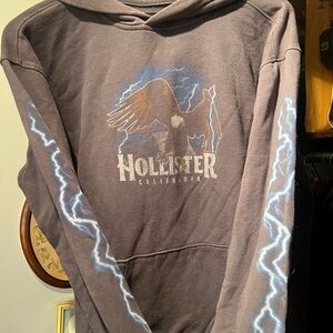 Hollister Men's Brown Graphic Crewneck Hoodie with Lightning Sleeves